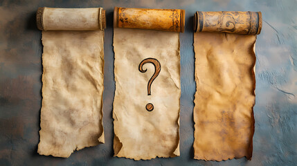 Three aged parchment scrolls laid side by side with a central question mark hinting at a coded or forgotten message from the past. Parchment. Illustration