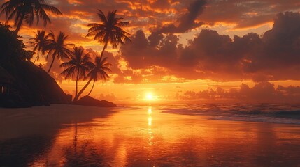Serene Hawaiian Sunset with Silhouetted Palm Trees and Reflective Ocean Waves