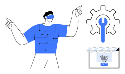 Person with VR headset pointing, circuitry on shirt. Gear with wrench inside, storefront with buy button. Ideal for technology, e-commerce, innovation, virtual reality, digital transformation online