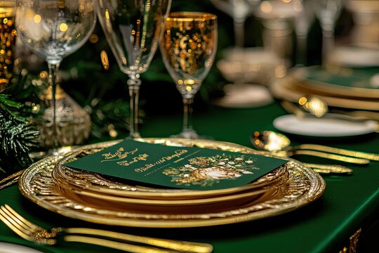 Elegant Gold Place Setting With Green Menu Card