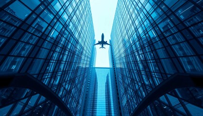 airplane flying over the modern city