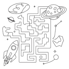 Maze or Labyrinth Game. Puzzle. Coloring Page Outline Of cartoon rocket in space. Coloring book for kids.
