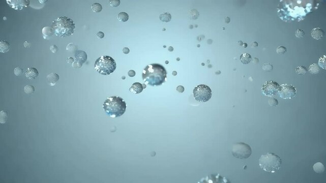 Photorealistic animation depicts shimmering hydrogen oxygen particles floating gracefully air creating mesmerizing scientific visualization perfect educational purposes