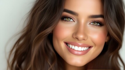 Close-up of the model, a young woman with perfect skin, white smile, long wavy hair and expressive green eyes. Advertising design.