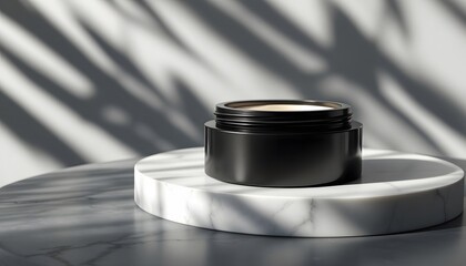 Black Minimalist Cosmetic Cream Jar mockup on Marble Pedestal with Floral Shadow Play
