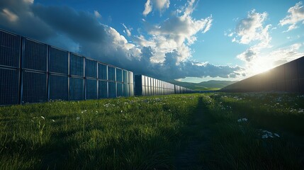 Expansive Solar Panel Field in Green Meadow Renewable Energy Landscape