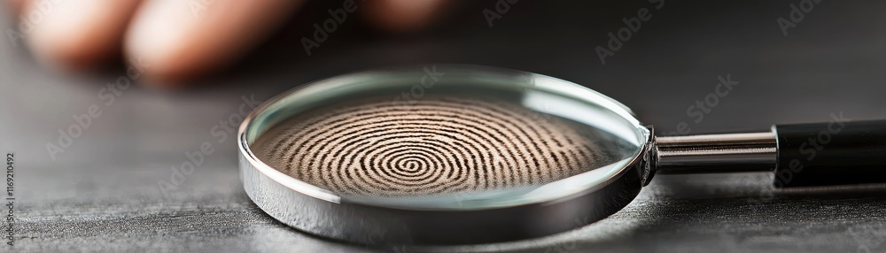 Poster a close-up of a magnifying glass focusing on a fingerprint, highlighting intricate patterns on a dar