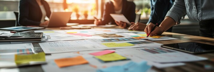 A group of professionals engaged in a teamwork session, brainstorming ideas using papers, sticky notes, and digital devices for an effective collaborative process.