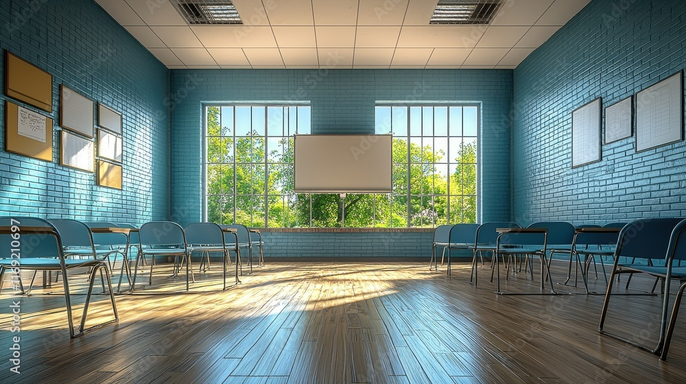 Poster sunlit classroom with empty desks and whiteboard.