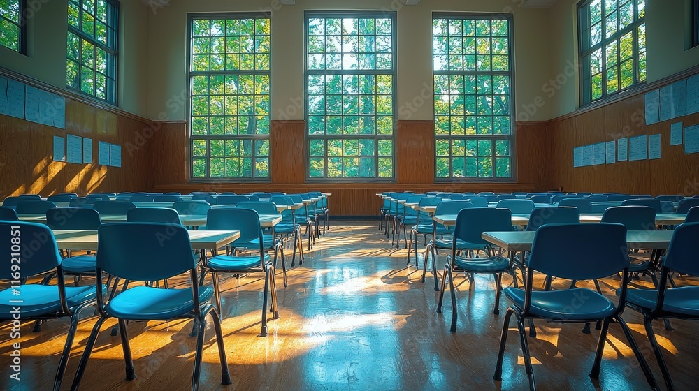 Poster sunlit classroom with rows of empty blue chairs and large windows showing lush green trees.