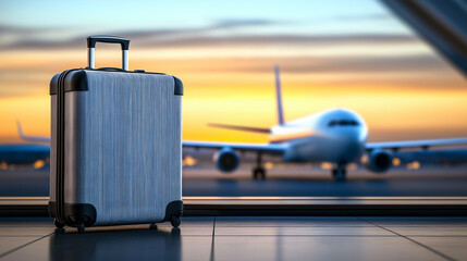 Suitcase standing in airport terminal with airplane taking off at sunset