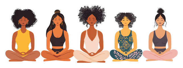 Meditation practice by five women studio setting digital illustration relaxing environment front view mindfulness theme