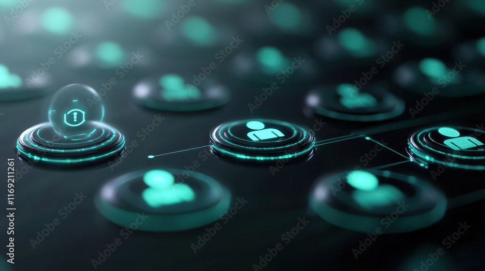 Aufkleber futuristic interface closeup, a glowing green button in hightech setting for interactive control