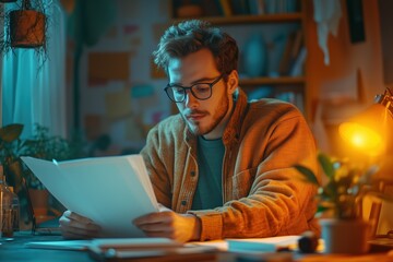 Freelance editor revising manuscripts in a cozy workspace at night