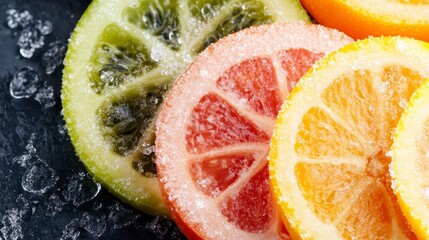 Frozen Citrus Fruit Slices Lime Grapefruit Orange Icy Background