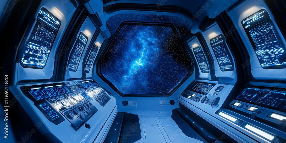 Poster futuristic spaceship bridge control room showing galaxy through window