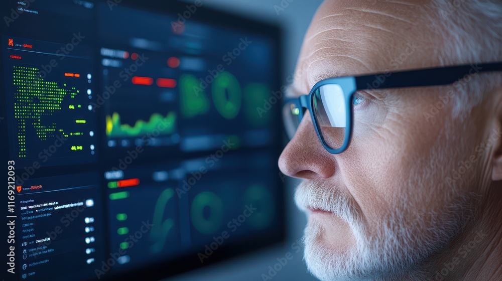 Poster man with glasses focused on computer screen, absorbing information and enhancing productivity