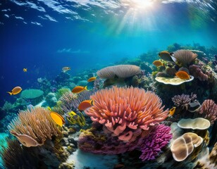vibrant coral reef ecosystem teeming with marine life