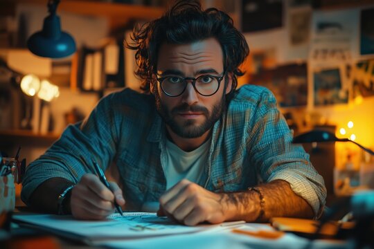 Freelance scriptwriter drafting screenplays in a cozy workspace during evening hours