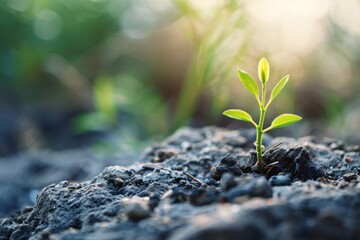 A small green plant is growing in the dirt