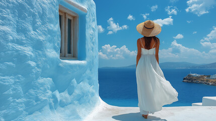 Tourist admiring stunning sea view from traditional blue and white greek house in mykonos