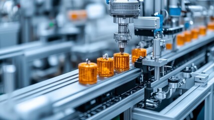 Fototapeta premium Automated Industrial Manufacturing Process Robotic Arm Assembling Parts on Conveyor Belt