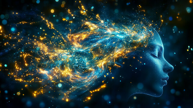 Die Gedanken als junge Frau in Blau im Profil, flammende Haare, abstrakte Illustration der Verbindung zwischen Geist und Universum, Querformat