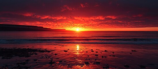 Fiery sunset over ocean beach with cliffs and birds.
