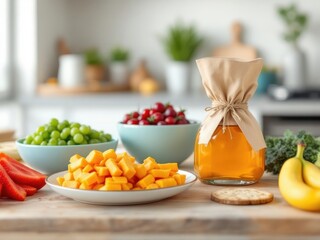 A close-up view of nutritious snacks like nuts, fruits, and seeds displayed on a kitchen counter, highlighting healthy eating and lifestyle choices