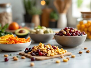 A close-up view of nutritious snacks like nuts, fruits, and seeds displayed on a kitchen counter, highlighting healthy eating and lifestyle choices
