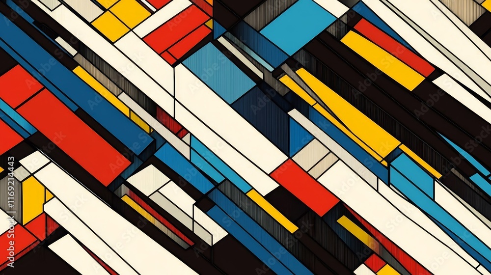 Poster abstract geometric composition with vibrant colors and dynamic lines.