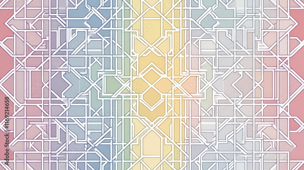 Poster abstract geometric design with pastel colors and intricate line patterns.