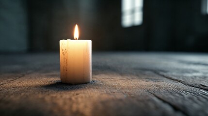 Candle glowing softly on rustic wooden floor in dim lighting  
