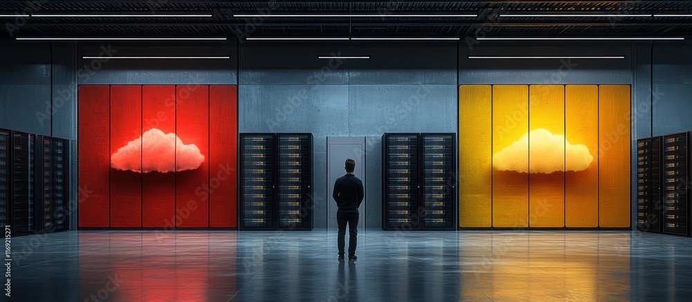 Aufkleber man choosing between cloud computing options in a data center.
