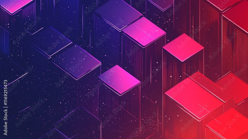 Poster abstract digital background with floating geometric shapes in vibrant colors.
