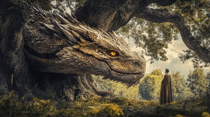 Obraz premium Majestic Dragon and Cloaked Figure in Forest Setting