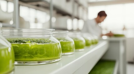 Scientific Research Green Algae Samples in Glass Jars in a Laboratory Setting