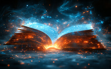 A book is open to a page with a blue and orange flame. The book is surrounded by a blue and orange glow, creating a surreal and dreamlike atmosphere