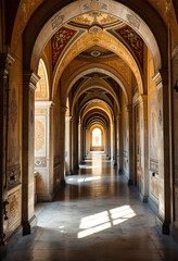 An ornate arched hallway with intricate patterns and designs on the walls, leading to a bright, open space at the end