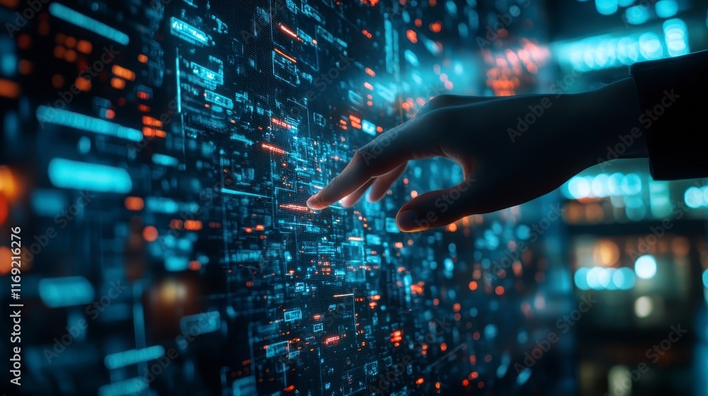 Poster hand interacting with futuristic digital data interface cybersecurity and technology concept