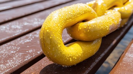 Fototapeta premium Close up of Yellow Chain Links with Water Droplets on Brown Wooden Surface