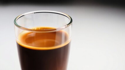 A Glass of Dark Brown Coffee Rests on a White Surface