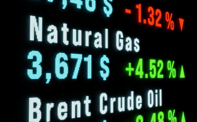 Natural Gas moving up, positive percentage sign. Stock market and exchange, commodity trading, oil and gas industry, price information. 3D illustration