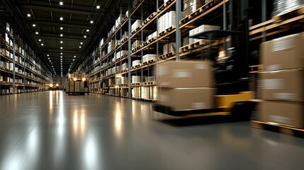 Forklift truck efficiently moves boxes of goods in an industrial warehouse featuring high shelves and stacked pallets
