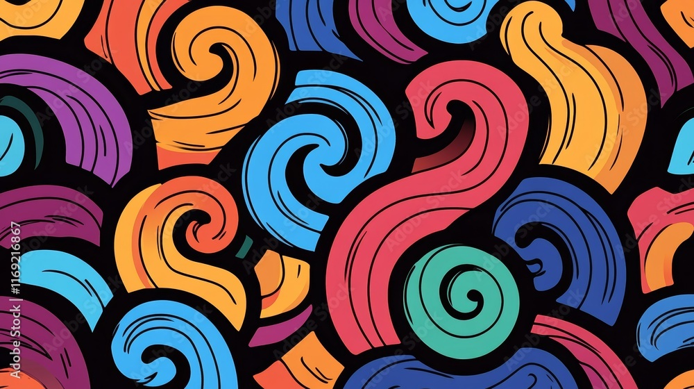 Poster a vibrant abstract design featuring colorful swirling patterns on a dark background.