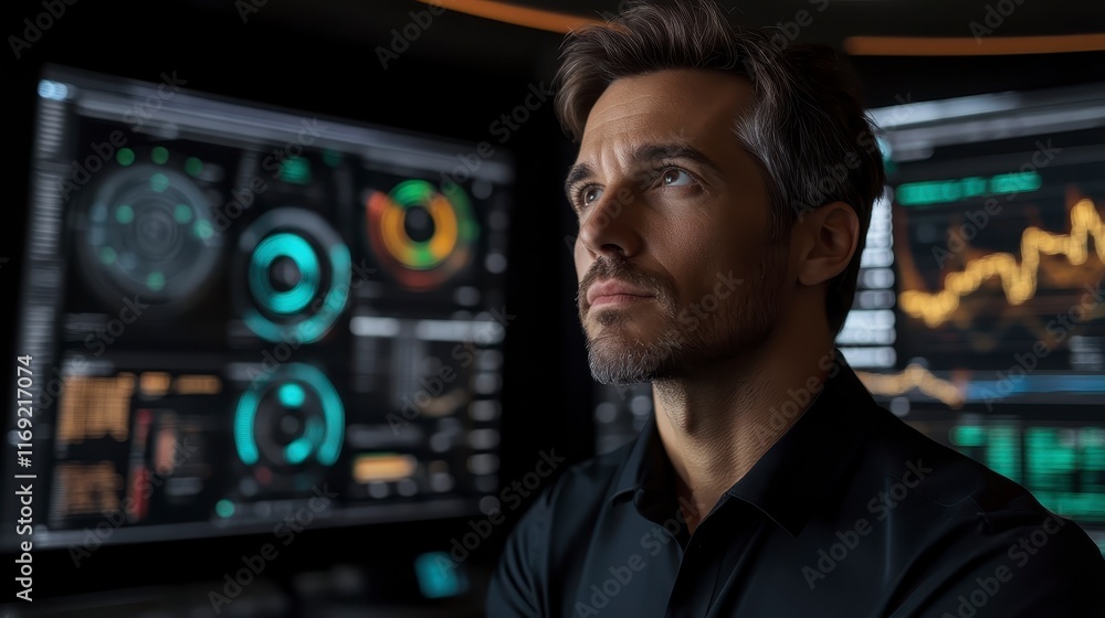 Poster thoughtful man analyzing data on computer screens business finance technology