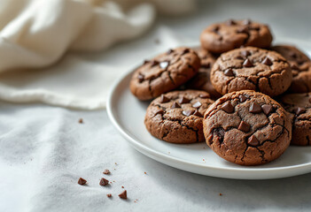 Chocolate cookies or brownies on a white plate, with a light background