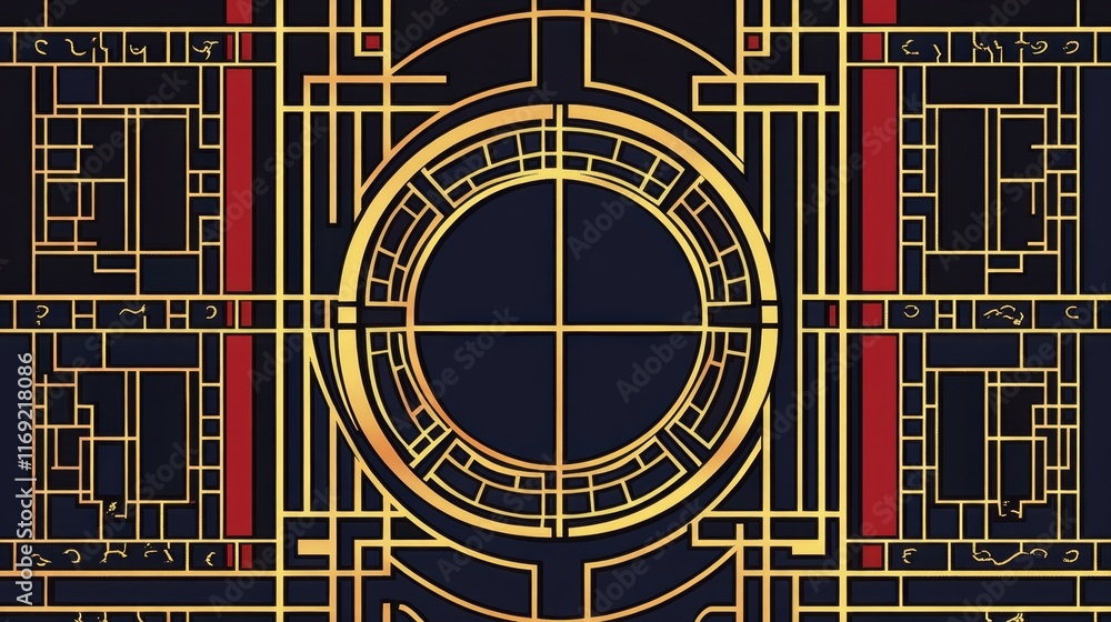 Poster abstract geometric design featuring intricate lines and a central circular motif.