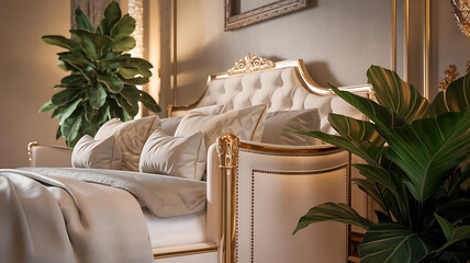 Off-White Upholstered Bed with Gold Accents and Potted Plants