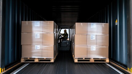 Man in a safety helmet operates a forklift to unload cargo from a shipping container at a warehouse loading dock.
